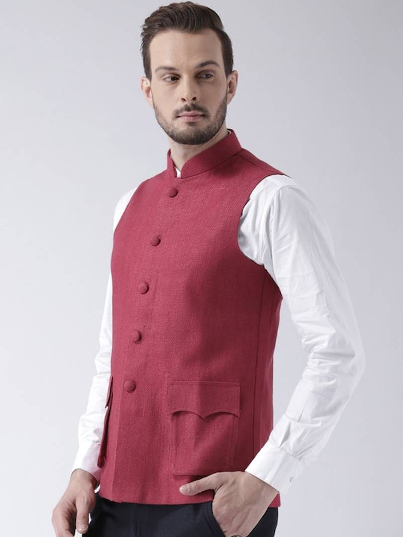 Men's Maroon 
Silk Blend
 Solid
 Nehru Jackets